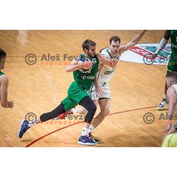 Andrej Stavrov and Jaka Blazic in action during semi-final of Spar Cup basketball match between Cedevita Olimpija and Krka in Kodeljevo Hall, Ljubljana, Slovenia on February 17, 2022