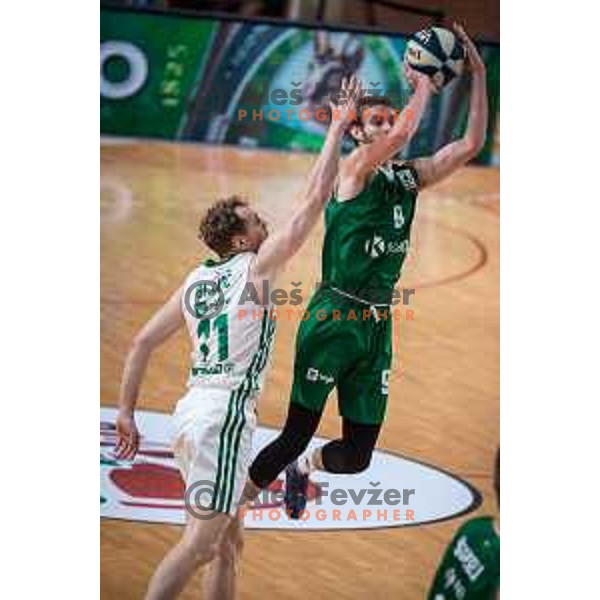 Jaka Blazic and Andrej Stavrov in action during semi-final of Spar Cup basketball match between Cedevita Olimpija and Krka in Kodeljevo Hall, Ljubljana, Slovenia on February 17, 2022