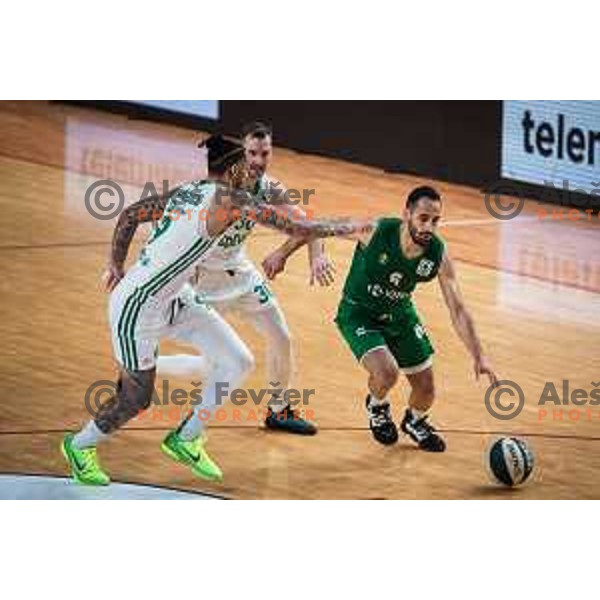 Zach Auguste, Zoran Dragic and Rok Stipcevic in action during semi-final of Spar Cup basketball match between Cedevita Olimpija and Krka in Kodeljevo Hall, Ljubljana, Slovenia on February 17, 2022