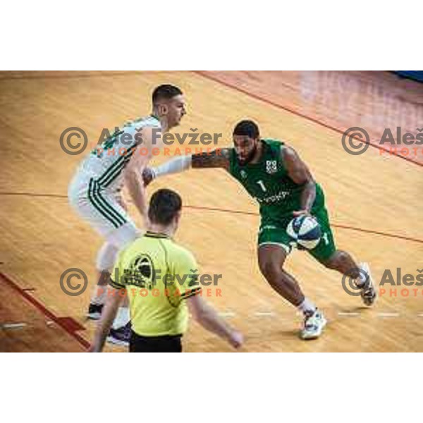 Hasahn French and Alen Omic in action during semi-final of Spar Cup basketball match between Cedevita Olimpija and Krka in Kodeljevo Hall, Ljubljana, Slovenia on February 17, 2022