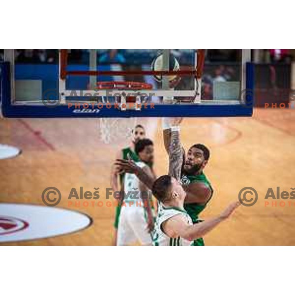 Hasahn French and Alen Omic in action during semi-final of Spar Cup basketball match between Cedevita Olimpija and Krka in Kodeljevo Hall, Ljubljana, Slovenia on February 17, 2022