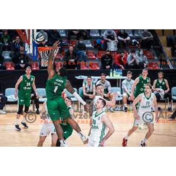 Hasahn French and Alen Omic in action during semi-final of Spar Cup basketball match between Cedevita Olimpija and Krka in Kodeljevo Hall, Ljubljana, Slovenia on February 17, 2022
