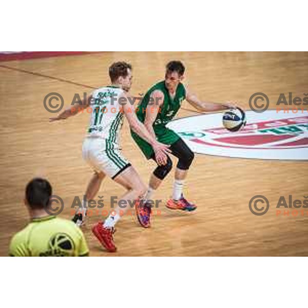 Jaka Blazic and Leon Stergar in action during semi-final of Spar Cup basketball match between Cedevita Olimpija and Krka in Kodeljevo Hall, Ljubljana, Slovenia on February 17, 2022