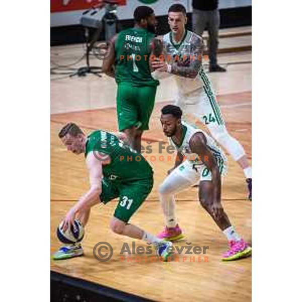 Miha Lapornik and Jacob Pullen in action during semi-final of Spar Cup basketball match between Cedevita Olimpija and Krka in Kodeljevo Hall, Ljubljana, Slovenia on February 17, 2022