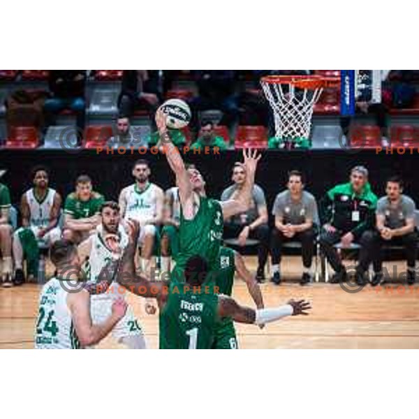 Leon Stergar in action during semi-final of Spar Cup basketball match between Cedevita Olimpija and Krka in Kodeljevo Hall, Ljubljana, Slovenia on February 17, 2022
