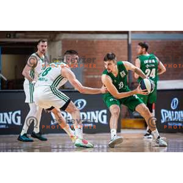 Edo Muric and Miha Skedelj in action during semi-final of Spar Cup basketball match between Cedevita Olimpija and Krka in Kodeljevo Hall, Ljubljana, Slovenia on February 17, 2022