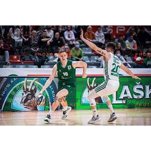 Luka Medved and Alen Hodzic in action during semi-final of Spar Cup basketball match between Cedevita Olimpija and Krka in Kodeljevo Hall, Ljubljana, Slovenia on February 17, 2022