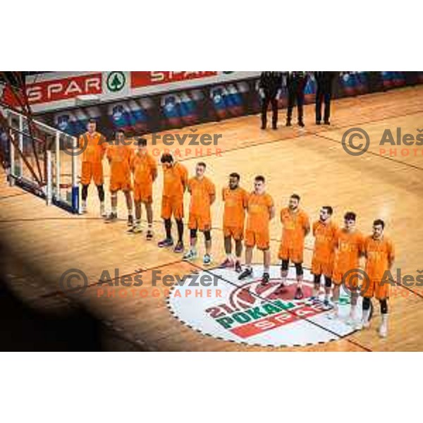 Leon Santelj, Bine Prepelic, Lenart Sirc, Venkatesha Jois, Urban Oman, Carlbe Lee Ervin, Tibor Mirtic, Miroslav Pasajlic, Tadej Ferme, Aljaz Bratec and Blaz Mahkovic prior to Spar Cup finals basketball match between Cedevita Olimpija and Helios Suns in Kodeljevo, Ljubljana, Slovenia on February 18, 2022. Photo: Jure Banfi/www.alesfevzer.com