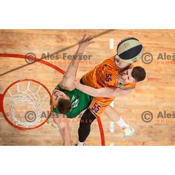Edo Muric vs Leon Santelj in action during Spar Cup finals basketball match between Cedevita Olimpija and Helios Suns in Kodeljevo, Ljubljana, Slovenia on February 18, 2022. Photo: Jure Banfi/www.alesfevzer.com