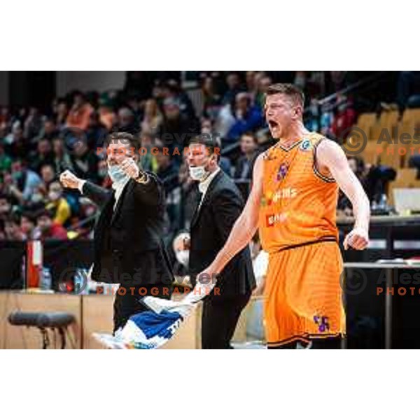 Leon Santelj celebrating during Spar Cup finals basketball match between Cedevita Olimpija and Helios Suns in Kodeljevo, Ljubljana, Slovenia on February 18, 2022. Photo: Jure Banfi/www.alesfevzer.com
