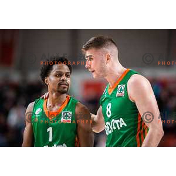 Kevin Duane Ferrell vs Edo Muric in action during Spar Cup finals basketball match between Cedevita Olimpija and Helios Suns in Kodeljevo, Ljubljana, Slovenia on February 18, 2022. Photo: Jure Banfi/www.alesfevzer.com