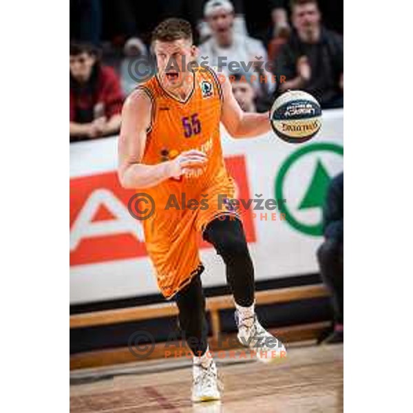 Leon Santelj in action during Spar Cup finals basketball match between Cedevita Olimpija and Helios Suns in Kodeljevo, Ljubljana, Slovenia on February 18, 2022. Photo: Jure Banfi/www.alesfevzer.com