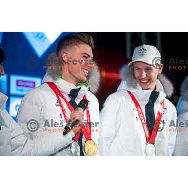 Timi Zajc, Lovro Kos at Beijing 2022 Olympic medalists reception held by Olympic Committee of Slovenia in Kranjska Gora, Slovenia on February 18, 2022