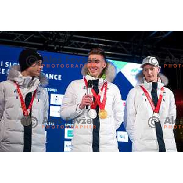 Cene Prevc, Timi Zajc, Lovro Kos at Beijing 2022 Olympic medalists reception held by Olympic Committee of Slovenia in Kranjska Gora, Slovenia on February 18, 2022