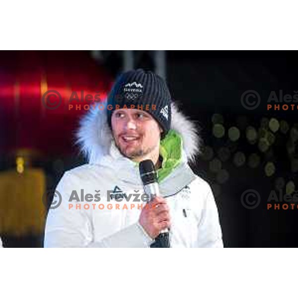 Miha Simenc at Beijing 2022 Olympic medalists reception held by Olympic Committee of Slovenia in Kranjska Gora, Slovenia on February 18, 2022