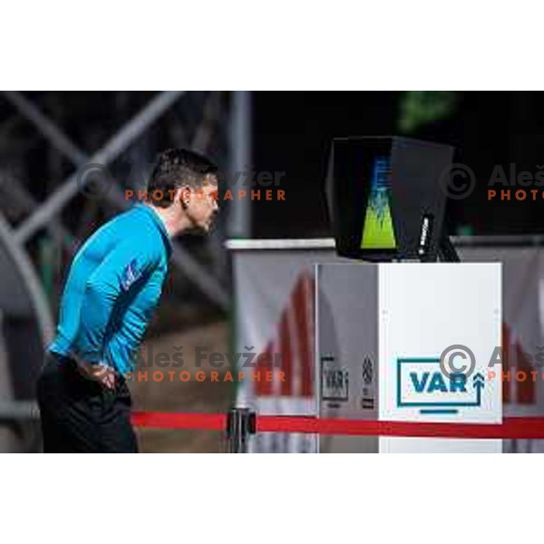 Referee Matej Jug using VAR during Prva liga Telemach football match between Aluminij and Mura in Sportni park Kidricevo, Slovenia, on February 19, 2022. Photo: Jure Banfi/www.alesfevzer.com