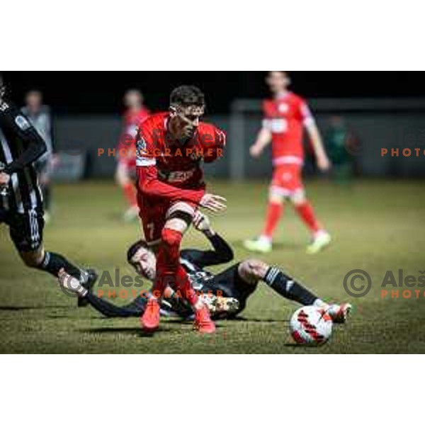 Dino Spehar in action during Prva liga Telemach football match between Aluminij and Mura in Sportni park Kidricevo, Slovenia, on February 19, 2022. Photo: Jure Banfi/www.alesfevzer.com