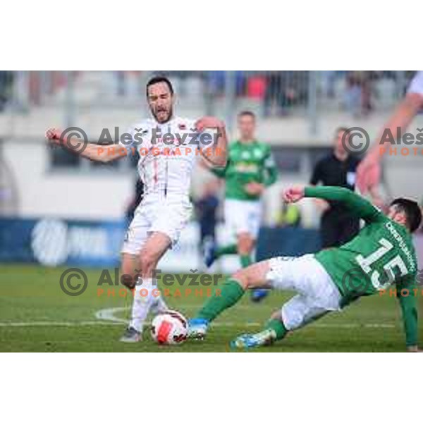 Dino Stancic and Djordje Crnomarkovic in action during Prva Liga Telemach 2021-2022 football match between Tabor CB 24 Sezana and Olimpija in Sezana, Slovenia on February 20, 2022 