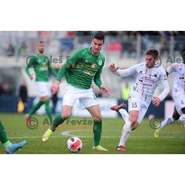 Damian van Bruggen and Mihael Briski in action during Prva Liga Telemach 2021-2022 football match between Tabor CB 24 Sezana and Olimpija in Sezana, Slovenia on February 20, 2022