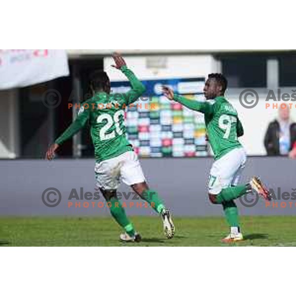 Eric Boakye and Aldair Djalo celebrate goal during Prva Liga Telemach 2021-2022 football match between Tabor CB 24 Sezana and Olimpija in Sezana, Slovenia on February 20, 2022