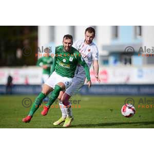 Mustafa Nukic and Klemen Nemanic in action during Prva Liga Telemach 2021-2022 football match between Tabor CB 24 Sezana and Olimpija in Sezana, Slovenia on February 20, 2022
