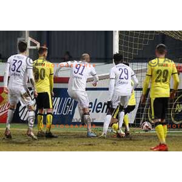 Ognjen Mudrinski in action during Prva Liga Telemach 2021-2022 football match between Kalcer Radomlje and Maribor in Domzale, Slovenia on February 21, 2022