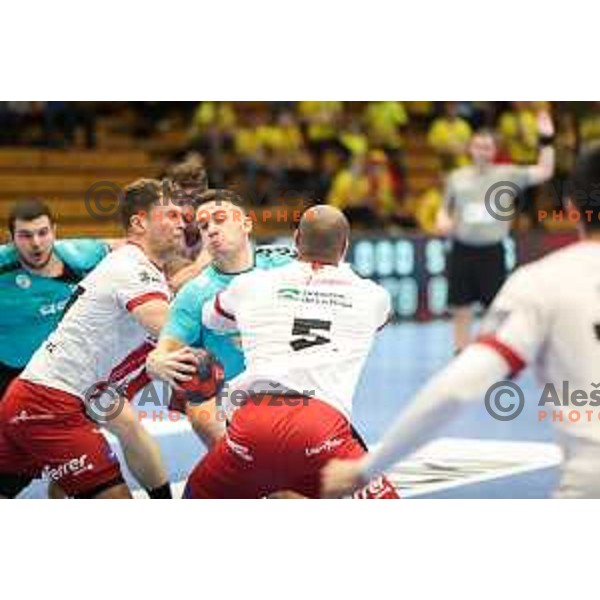 Enej Jovicic Slatinek in action during EHF European league match between Gorenje Velenje and BM Logrono La Rioja in Velenje, Slovenia on February 22, 2022