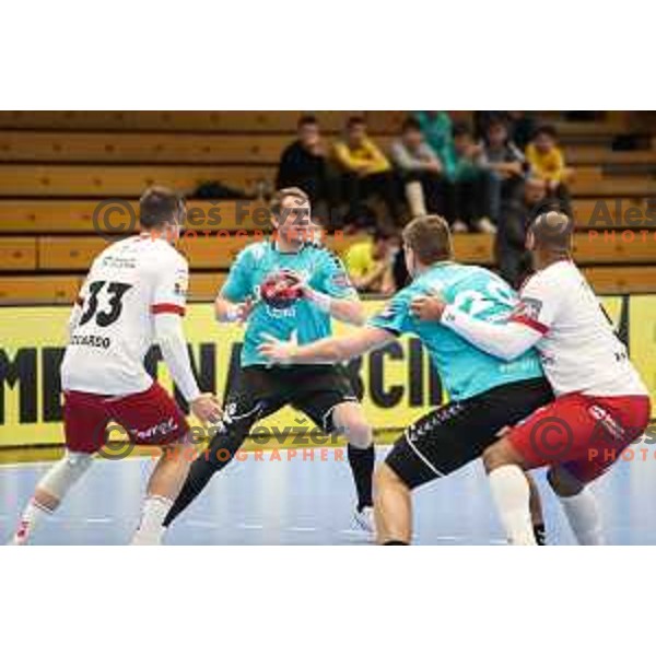 David Miklavcic in action during EHF European league match between Gorenje Velenje and BM Logrono La Rioja in Velenje, Slovenia on February 22, 2022
