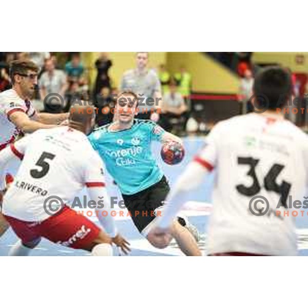 Domen Tajnik in action during EHF European league match between Gorenje Velenje and BM Logrono La Rioja in Velenje, Slovenia on February 22, 2022