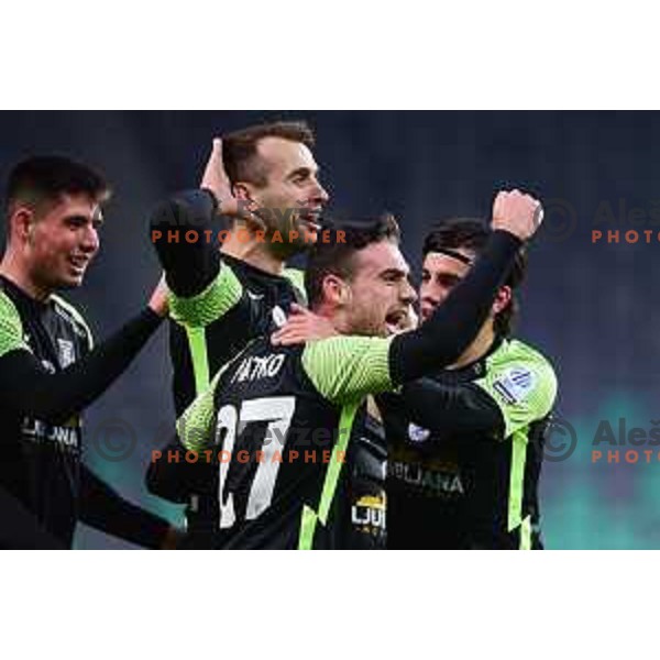 Svit Seslar, Mustafa Nukic, Aljosa Matko and Almedin Ziljkic celebrate goal during Prva Liga Telemach football match between Olimpija and Koper in SRC Stozice, Ljubljana, Slovenia on February 27, 2022