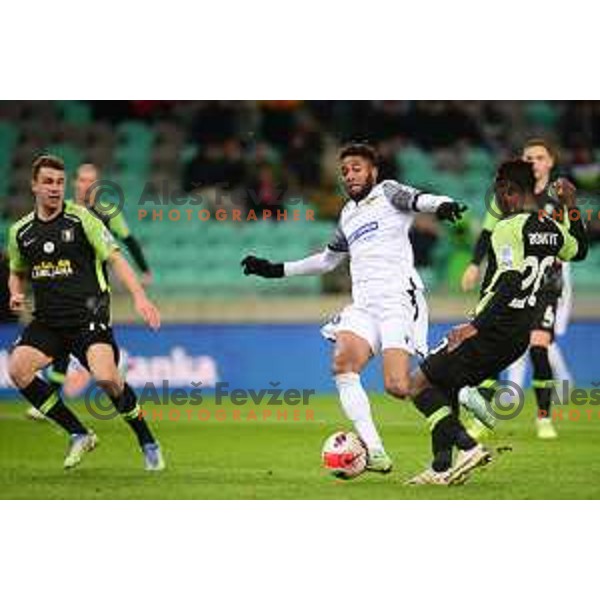 Diogo Pereira and Eric Boakye in action during Prva Liga Telemach football match between Olimpija and Koper in SRC Stozice, Ljubljana, Slovenia on February 27, 2022