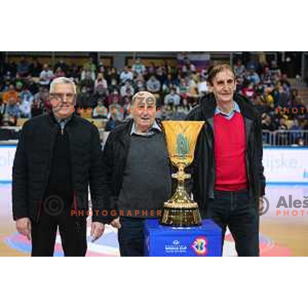Peter Vilfan, Ivo Daneu and Aljosa Zorga with Neismith trophy at World Cup Qualifiers basketball match between Slovenia and Finalnd in Koper, Slovenia on February 28, 2022 