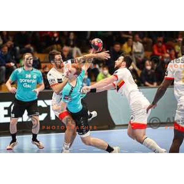 Domen Tajnik in action during EHF European league match between Gorenje Velenje and Pauc handball in Velenje, Slovenia on March 1, 2022