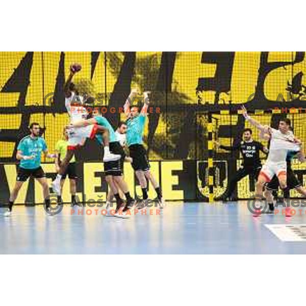 in action during EHF European league match between Gorenje Velenje and Pauc handball in Velenje, Slovenia on March 1, 2022