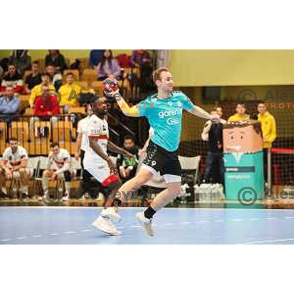 Domen Tajnik in action during EHF European league match between Gorenje Velenje and Pauc handball in Velenje, Slovenia on March 1, 2022