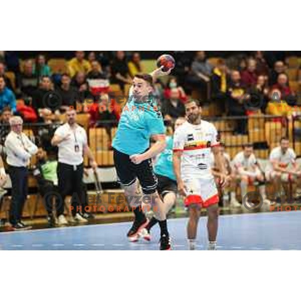 Enej Slatinek Jovicic in action during EHF European league match between Gorenje Velenje and Pauc handball in Velenje, Slovenia on March 1, 2022