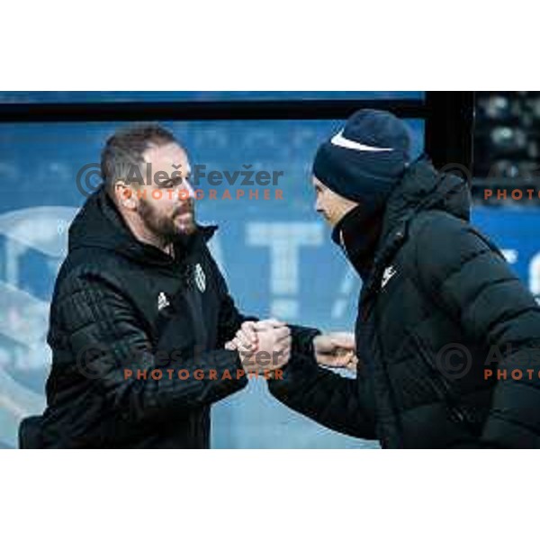 Damir Contala, head coach of NS Mura and Simon Rozman, head coach of Celje during Prva liga Telemach football match between NS Mura and Celje in Fazanerija, Murska Sobota, Slovenia on March 2, 2022. Photo: Jure Banfi/www.alesfevzer.com