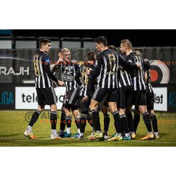 Jan Gorenc, Luka Bobicanec and other players of Mura celebrating during Prva liga Telemach football match between NS Mura and Celje in Fazanerija, Murska Sobota, Slovenia on March 2, 2022. Photo: Jure Banfi/www.alesfevzer.com