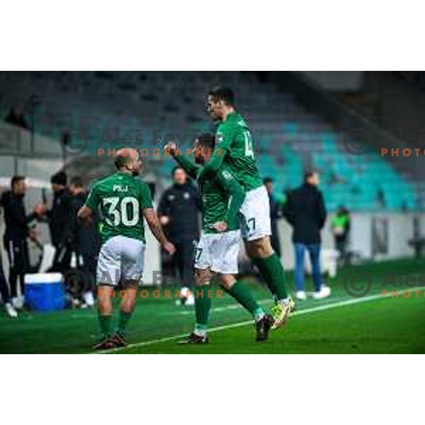 Marin Pilj, Aljosa Matko and Ivan Prtajin celebrate goal during Prva Liga Telemach football match between Olimpija and Aluminij in SRC Stozice, Ljubljana, Slovenia on March 6, 2022