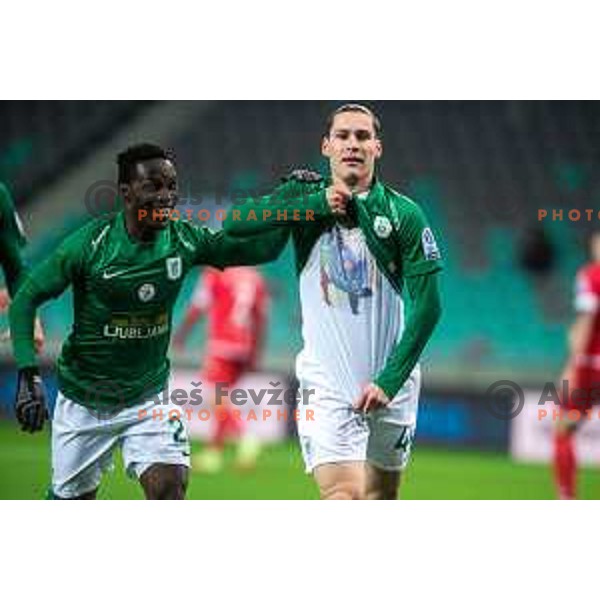 Eric Boakye and Robert Mudrazija celebrate goal during Prva Liga Telemach football match between Olimpija and Aluminij in SRC Stozice, Ljubljana, Slovenia on March 6, 2022