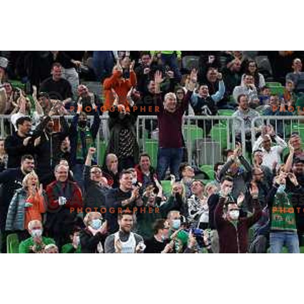 Fans of Cedevita Olimpija celebrate during 7days EuroCup regular season basketball match between Cedevita Olimpija and Buducnost Voli in Stozice, Arena, Ljubljana, Slovenia on March 8, 2022