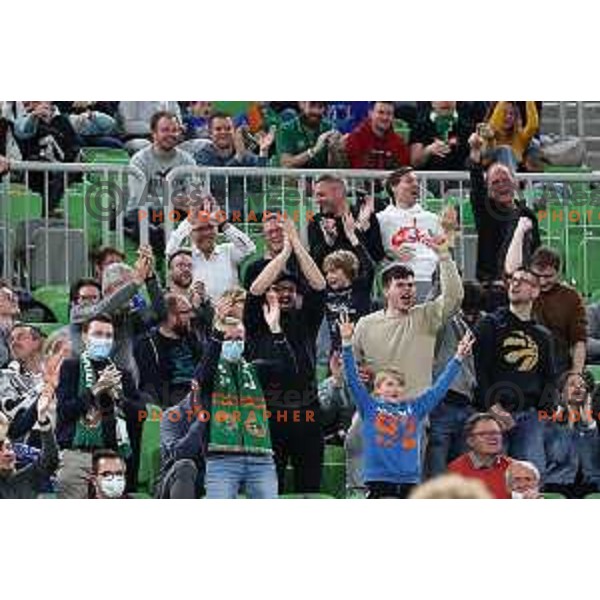 Fans of Cedevita Olimpija celebrate during 7days EuroCup regular season basketball match between Cedevita Olimpija and Buducnost Voli in Stozice, Arena, Ljubljana, Slovenia on March 8, 2022