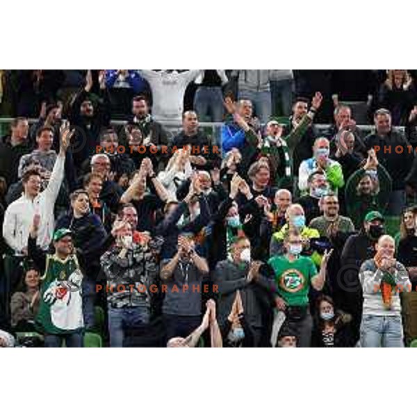 Fans of Cedevita Olimpija celebrate during 7days EuroCup regular season basketball match between Cedevita Olimpija and Buducnost Voli in Stozice, Arena, Ljubljana, Slovenia on March 8, 2022