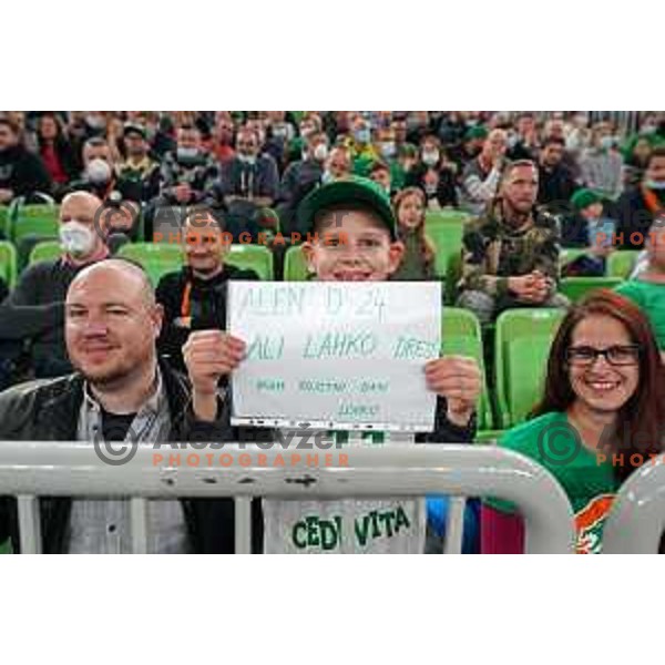 Fans of Cedevita Olimpija celebrate during 7days EuroCup regular season basketball match between Cedevita Olimpija and Buducnost Voli in Stozice, Arena, Ljubljana, Slovenia on March 8, 2022