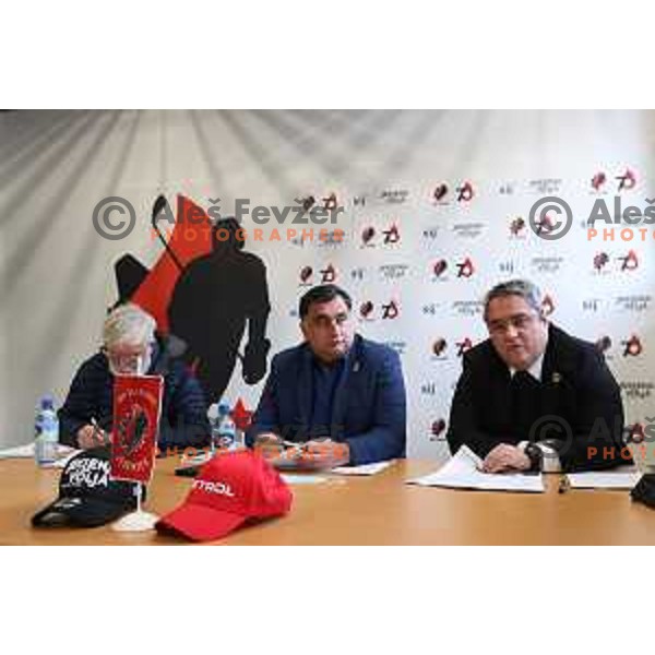 Peter Bohinec and Anze Pogacar at General Assembly of HK Acroni Jesenice in Podmezakla Hall, Jesenice , Slovenia on March 9, 2022
