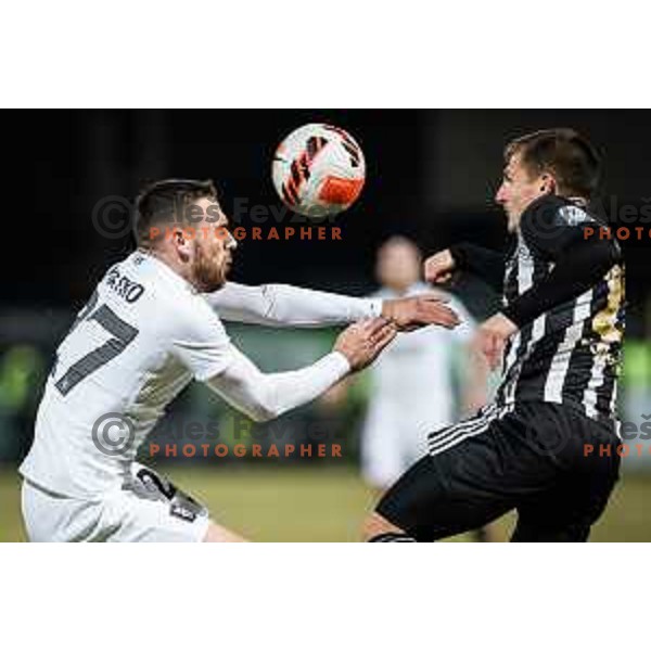 Aljosa Matko vs Klemen Sturm in action during Prva liga Telemach football match between NS Mura and Olimpija in Fazanerija, Murska Sobota, Slovenia on March 10, 2022. Photo: Jure Banfi/www.alesfevzer.com