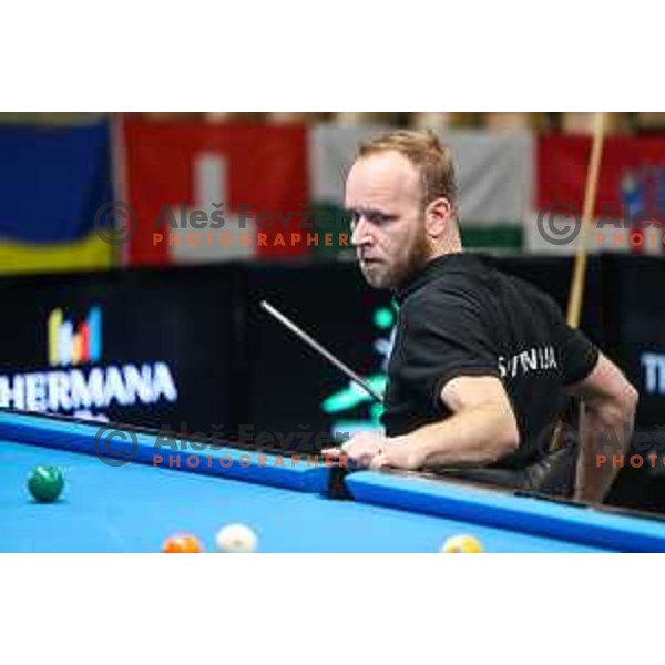 Matej Brajkovic (SLO) competes at European Pool Championship presented by Dynamic Billard in Tri Lilije hall, Lasko, Slovenia on March 10, 2022 