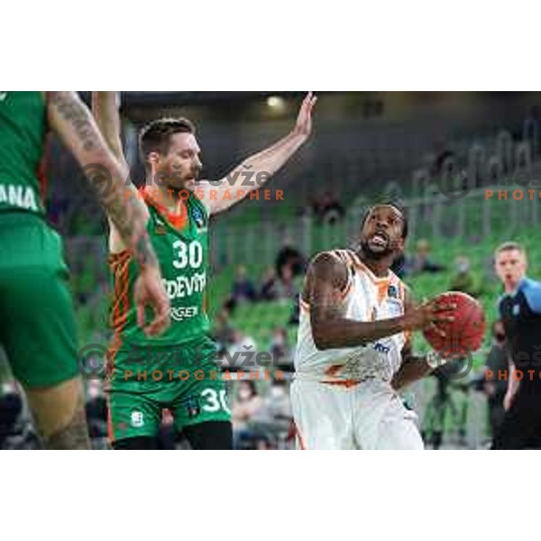 Zoran Dragic of Cedevita Olimpija and Kendrick May in action during 7days EuroCup regular season basketball match between Cedevita Olimpija and Promitheas in Stozice, Arena, Ljubljana, Slovenia on March 10, 2022
