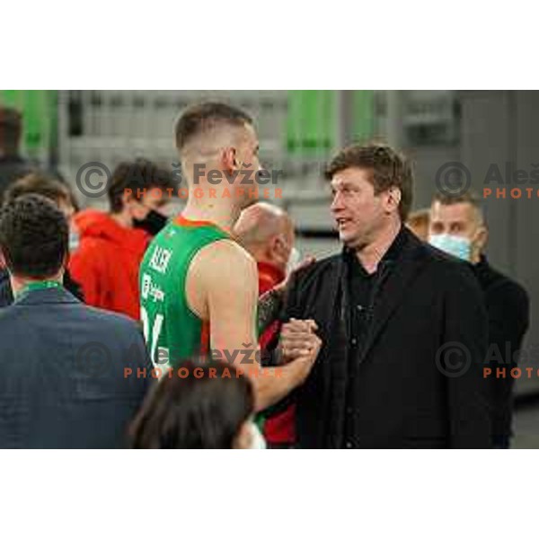 Alen Omic of Cedevita Olimpija and Vladimer Boisa talk after the 7days EuroCup regular season basketball match between Cedevita Olimpija and Promitheas in Stozice, Arena, Ljubljana, Slovenia on March 10, 2022