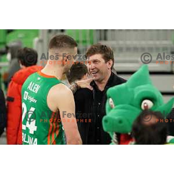 Alen Omic of Cedevita Olimpija and Vladimer Boisa talk after the 7days EuroCup regular season basketball match between Cedevita Olimpija and Promitheas in Stozice, Arena, Ljubljana, Slovenia on March 10, 2022